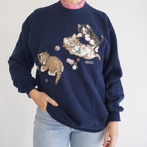 VTG Morning Sun Vintage Cat Sweatshirt Navy Blue Pink Collar 90s Grandma Cozy L